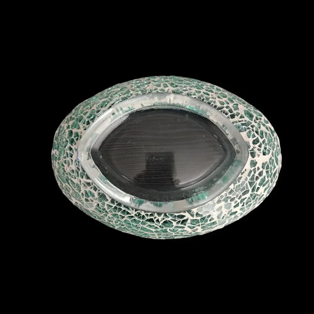 Vintage Green Crackle Mosaic Art Glass Oval Console Bowl Centerpiece